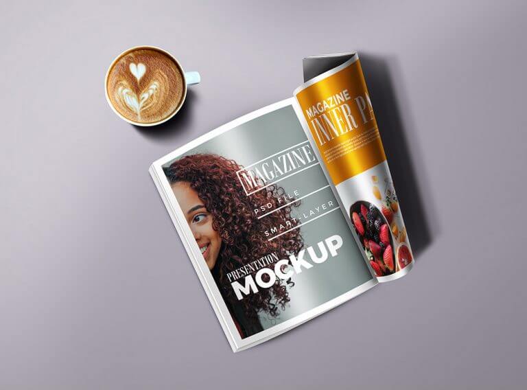 Magazine with Cup Mockup