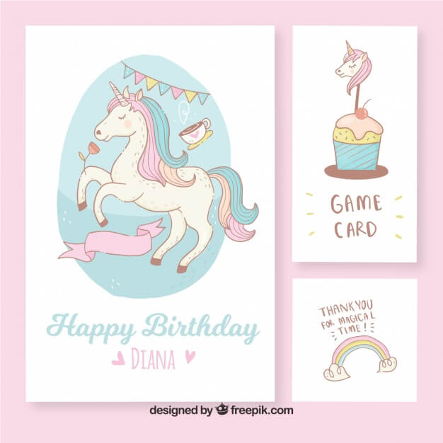 Beautiful birthday cards with hand drawn unicorn