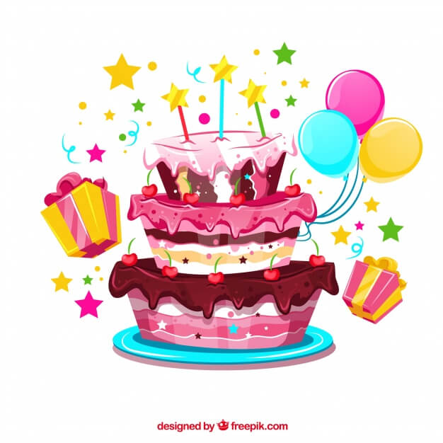 Birthday cake background with balloons and gifts