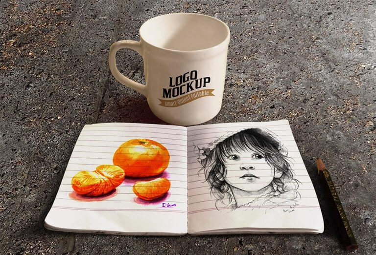 Coffee Cup and Sketchbook Mockup