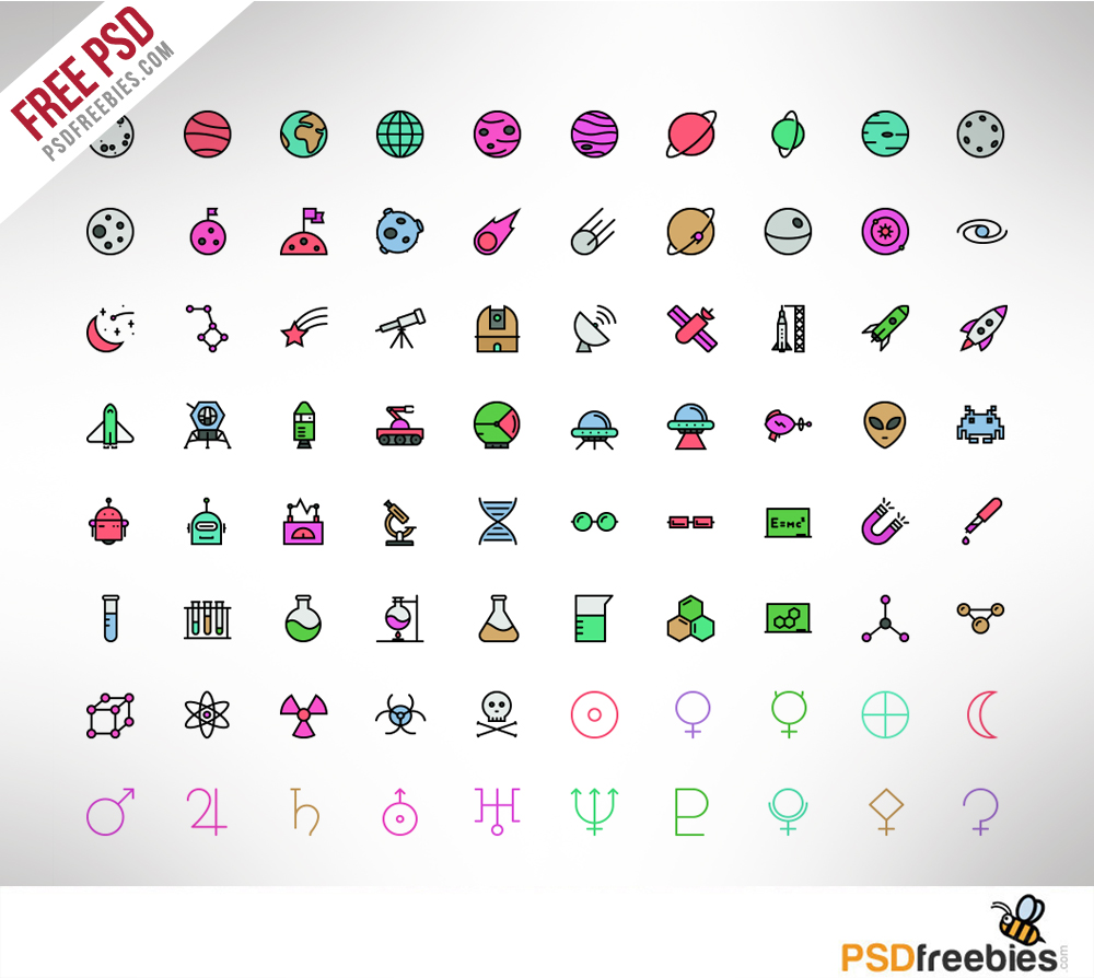 100 Spaces and Science icons Colored PSD Freebie