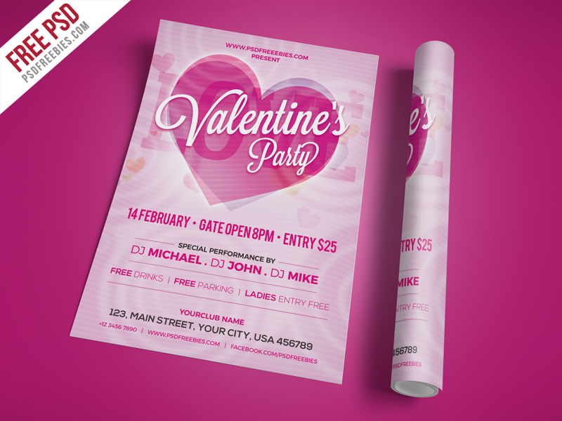 - Flyers para fiestas editables gratuitas - Folleto de invitación de fiesta de San Valentín moderno PSD
