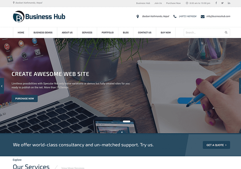 Business Hub: Free Business WordPress Themes with demo content