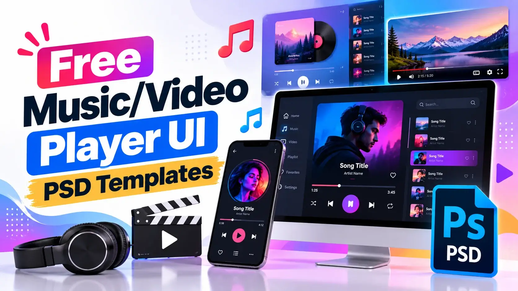 Free Music and Video Player UI PSD Templates