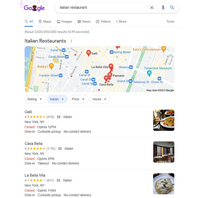 Italian Restaurants On Local Search Results