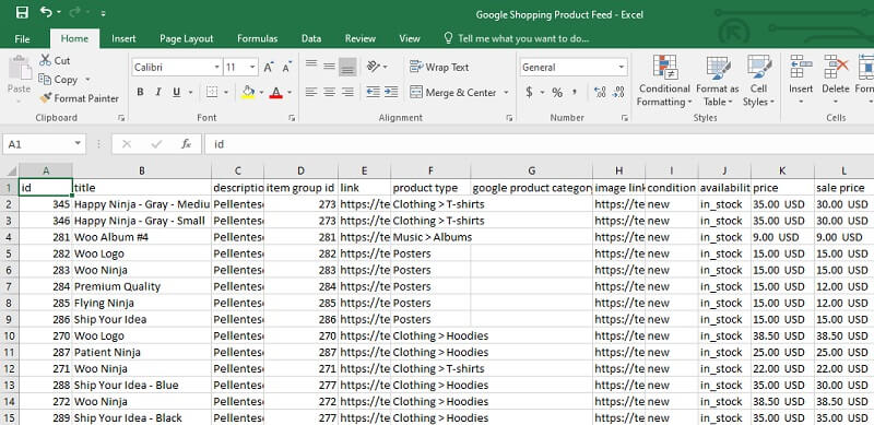 product feed is a spreadsheet file