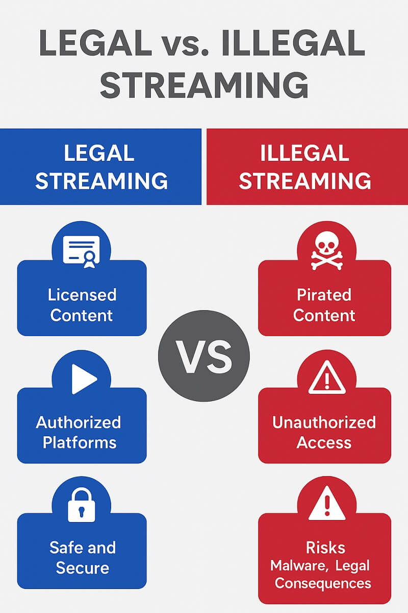 Infographic titled "Legal vs. Illegal Streaming" comparing licensed content, authorized platforms, and security on the legal side (blue) with pirated content, unauthorized access, and risks like malware and legal consequences on the illegal side (red), using clear icons and bold labels.
