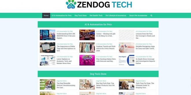 Zendogtech com homepage showcasing AI automation for pets, dog tech store, and modern pet technology solutions for smart living.