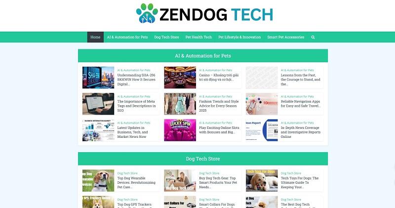 Zendogtech com homepage showcasing AI automation for pets, dog tech store, and modern pet technology solutions for smart living.