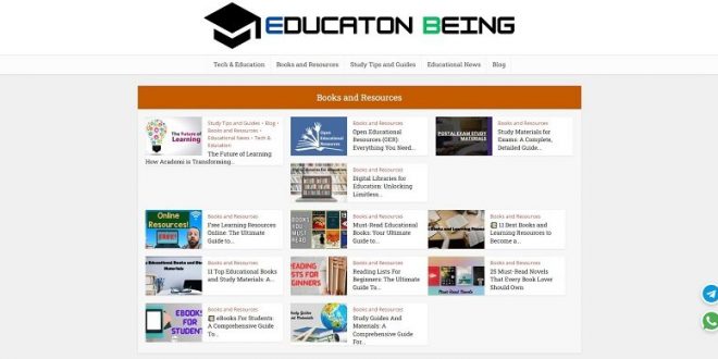 Educationbeing com homepage showing books, study guides, and online learning resources for students to learn, lead, and excel.