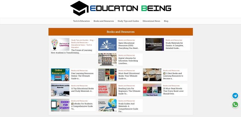 Educationbeing com homepage showing books, study guides, and online learning resources for students to learn, lead, and excel.