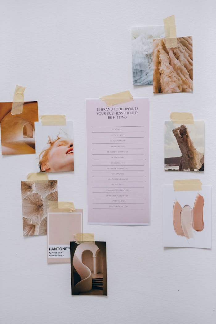 Features Aesthetic moodboard showcasing brand strategy concepts and design elements taped to a wall.